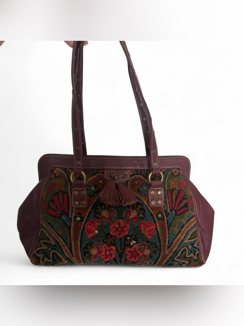 Vintage Isabella Fiore Embroidered Beaded Tapestry Leather Boho Shoulder Bag Y2K